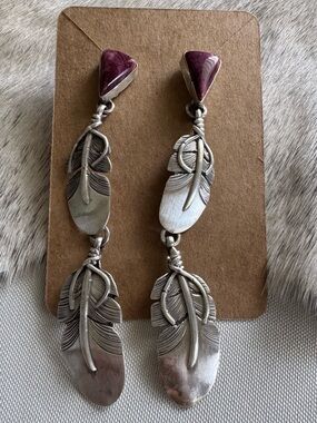 Native American Sterling Silver Purple Spiny Feather Earring